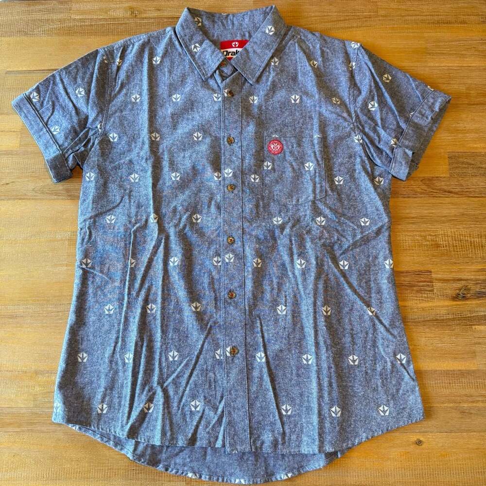 Drake's Brewing Co Blue Allover Shield Print Short Sleeve Button-Down Shirt Sz L